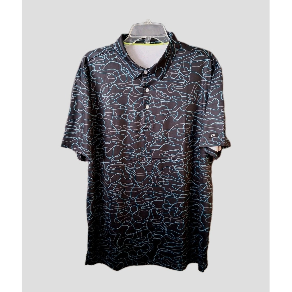 Obla Performance Polo Men's Large Black Blue Geometric Allover Print Golf Shirt